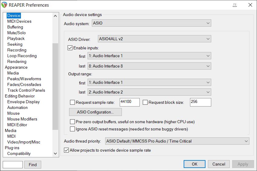 Audio device settings